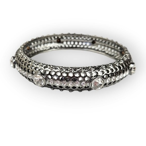 Rhinestone Bangle Bracelet Chunky Perforated Dark Silver Tone Curved ~9" Around - Picture 1 of 5